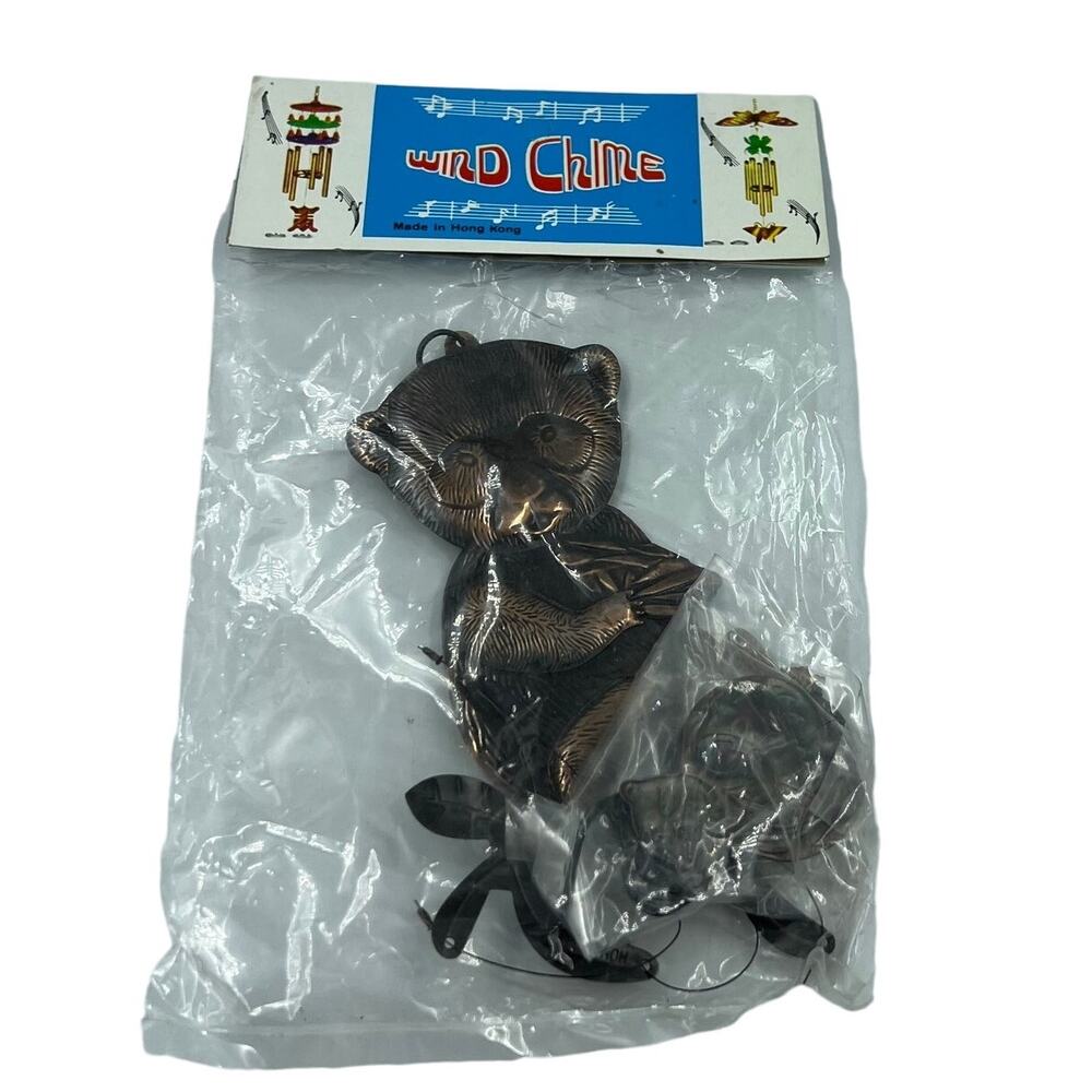 Vintage Bronze Hammered Metal Hanging Panda Wind Chime NEW SEALED Hong Kong